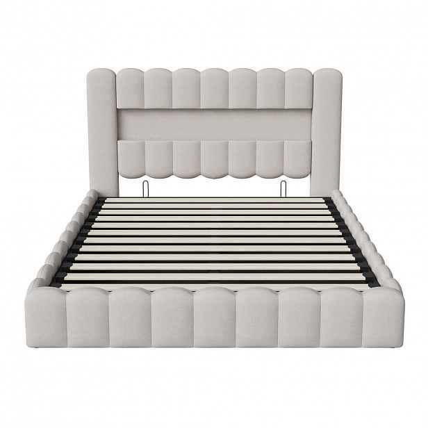 SHOPENTRA ČALOUNĚNÁ postel 160x200 cm béžová LED USB úložný prostor s lněným prádlem