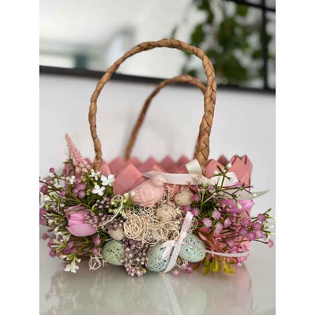 Velikonoční košíček na boho svěcení, růžový, pletený, dekorace Velikonoce