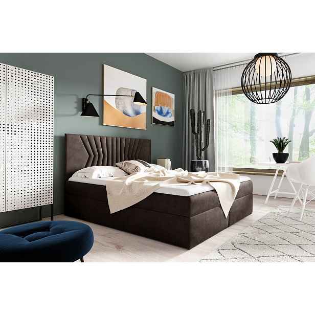 Čalouněná postel s prošívaným čelem AKIM - 120x200, hnědá + topper ZDARMA