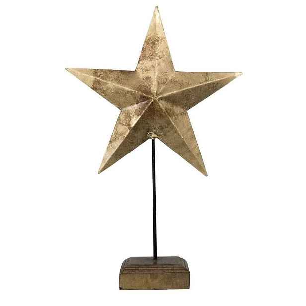 Dekorace zlatá antik kovová hvězda na dřevěném podstavci - 15*9*27cm Mars & More