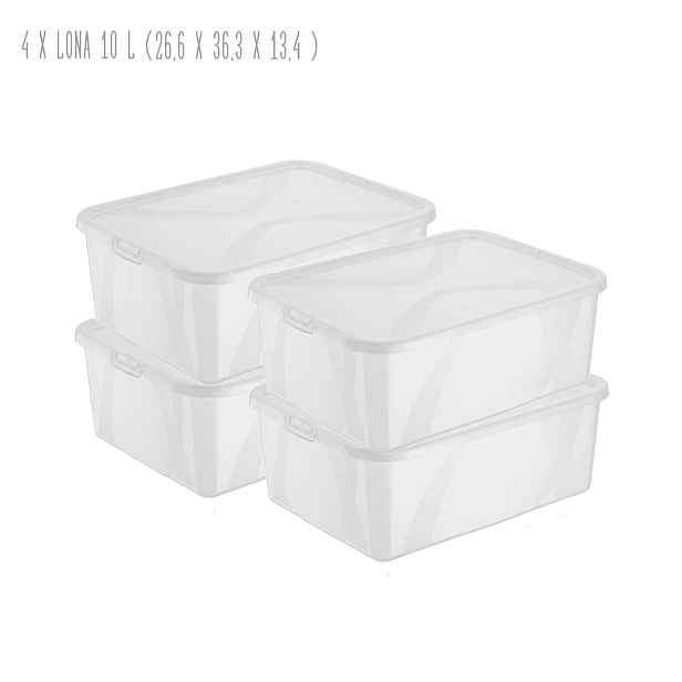 Sada 4 kusů úložných boxů, s víkem, Rotho LONA, 36x27x13 SADA (4 x 10l)