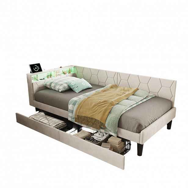 SHOPENTRA ČALOUNĚNÁ postel 90x200cm béžový samet, zásuvky, bed box, LED, USB-C