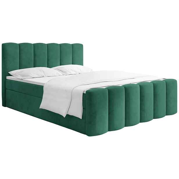 WFL GROUP BOXSPRING Postel Serenity s Úložným Prostorem – Smaragdově zelený samet – 160x200 cm – Taštičková Matrace H4 a Pěnový Topper