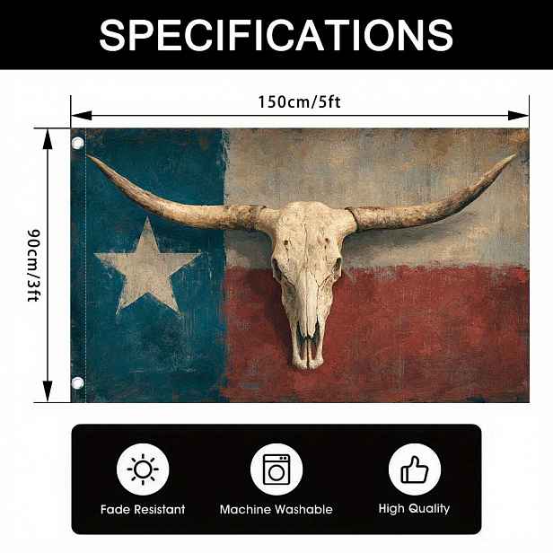 TEMU 1ks 2D plochý dlouhý roh hrob umělecký retro prapor – 100% polyester, živý design inspirovaný Texaskem s hvězdou a pruhy, ideální pro dekoraci