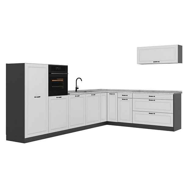 Vicco ROHOVÁ KUCHYŇ R-Line, Bílý venkovský dům/Antracit, 327 x cm pracovná doska Mramor