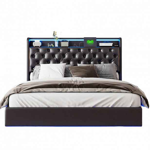 SHOPENTRA ČALOUNĚNÁ postel 140x200 cm Černá PU LED USB Bedbox