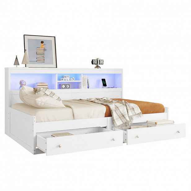 OKWISH DENNÍ postel 90/200 cm bílá z dřevotřísky a MDF s LED osvětlením USB a zásuvkami