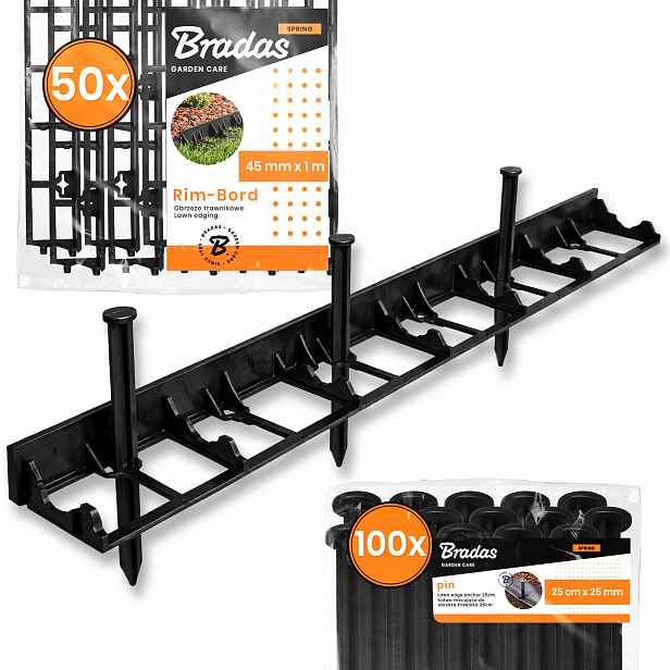 Trávníkový Lem 50 m 45 mm Zahradní Trávy 100 x Upevňovací Kotvy 25 cm Us-p