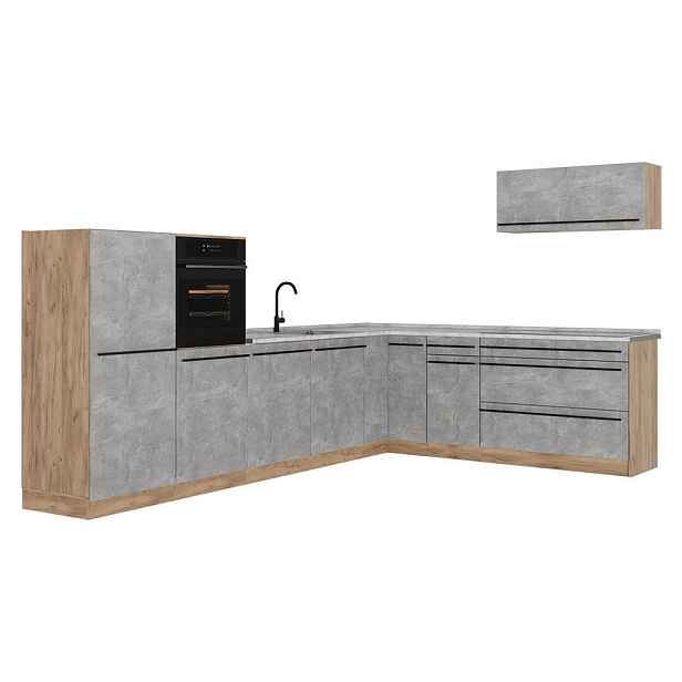 Vicco ROHOVÁ KUCHYŇ R-Line, Beton/Zlatý mocný dub, 327 x cm pracovná doska Mramor