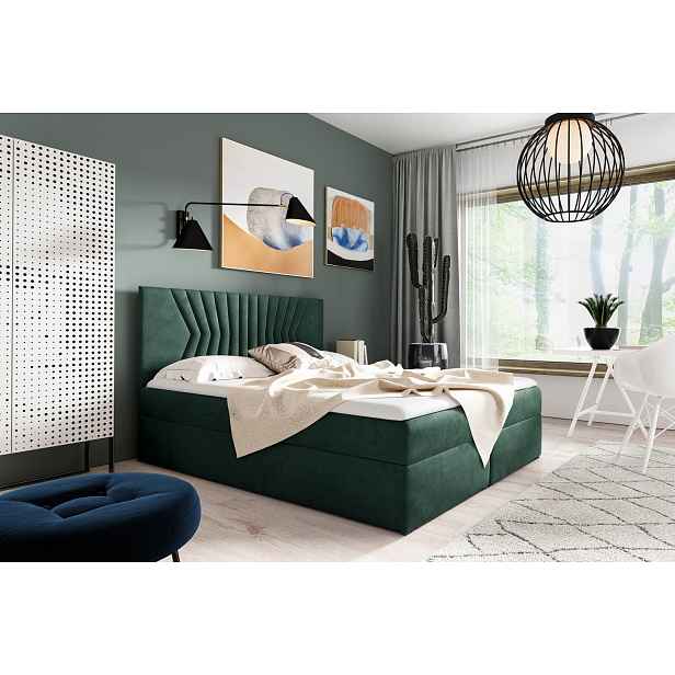 Čalouněná postel s prošívaným čelem AKIM - 120x200, zelená + topper ZDARMA