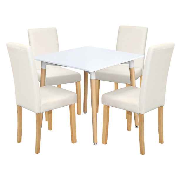 Jídelní stůl ONE 80x80 bílý + 4 židle PRIMA bílá/světlé nohy
