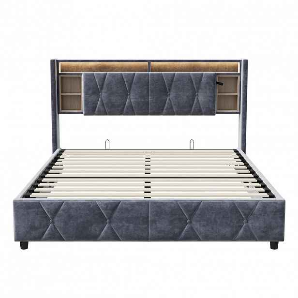 SHOPENTRA ČALOUNĚNÁ postel 140x200 cm šedý samet LED USB úložný prostor