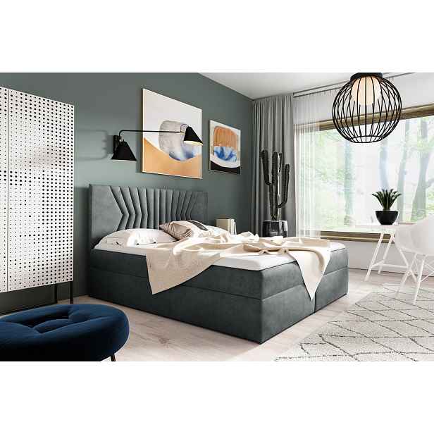 Čalouněná postel s prošívaným čelem AKIM - 120x200, šedá + topper ZDARMA