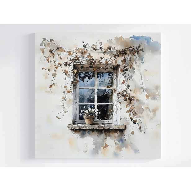 Obraz Na Plátně Canvas Okno Břečťan Květináč Květiny Popínavý Akvarel 50x50
