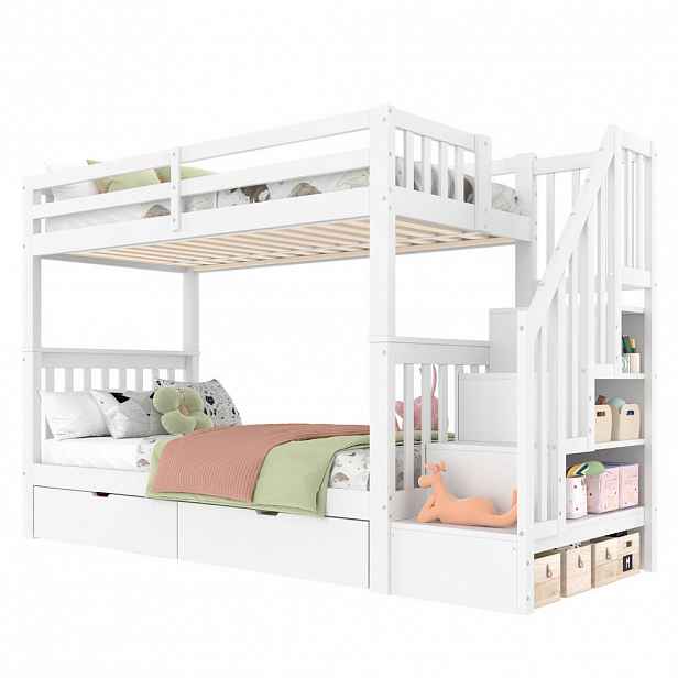 CHICFURN PATROVÁ POSTEL 90/200 cm v bílé barvě se schůdky, policemi a 2 zásuvkami