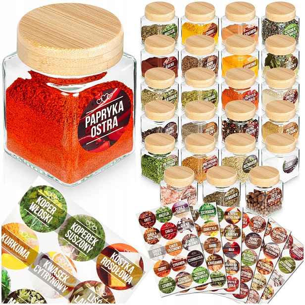 Skleněná nádoba na koření 100 ml 24 ks 90 samolepek