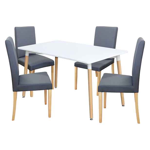 Jídelní stůl ONE 140x90 bílý + 4 židle PRIMA šedá/světlé nohy