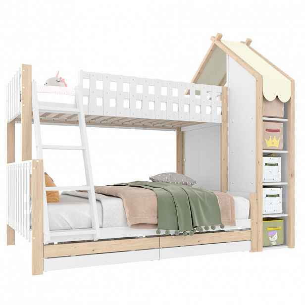 OKWISH PATROVÁ postel 90/200 cm + 140/200 cm bílá se dvěma zásuvkami a stříškou ve tvaru domečku