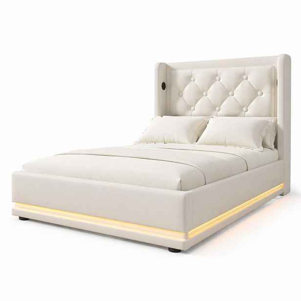 CHICFURN ČALOUNĚNÁ POSTEL 90/200 cm v bílé barvě s úložným prostorem, LED a USB-C z PU