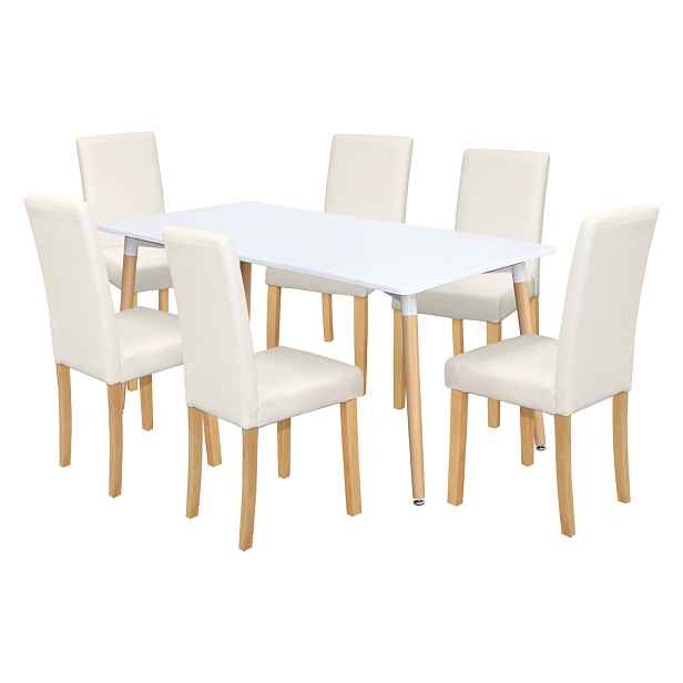 Jídelní stůl ONE 160x90 bílý + 6 židlí PRIMA bílá/světlé nohy