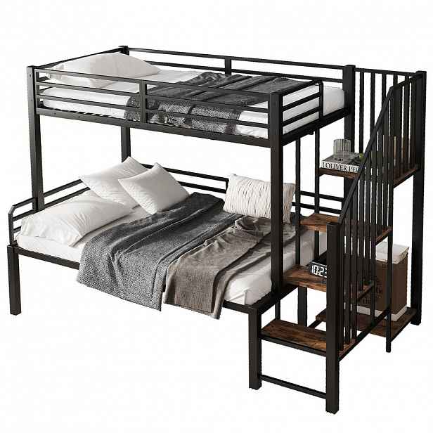 OKWISH PATROVÁ postel 90/200 cm a 120/200 cm černá s rohovou žebříkovou skříňkou z železa a MDF