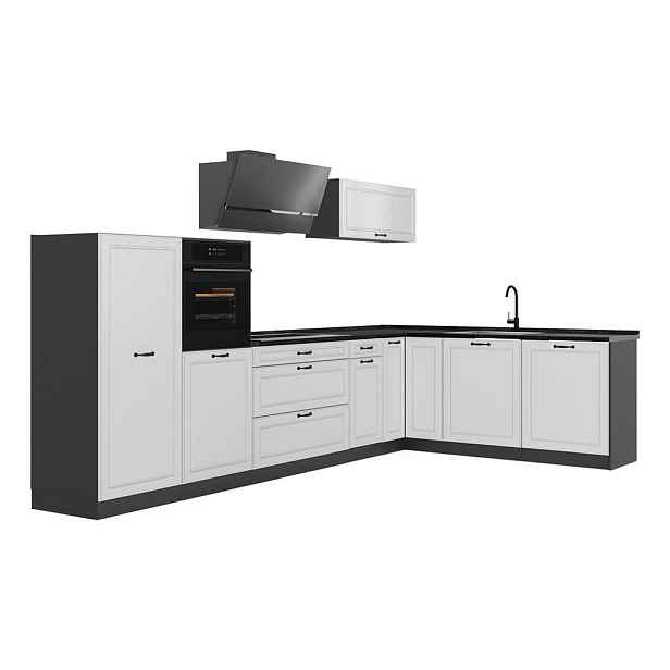 Vicco ROHOVÁ KUCHYŇ R-Line, Bílý venkovský dům/Antracit, 347 x cm pracovná doska antracitová