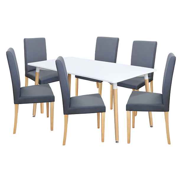 Jídelní stůl ONE 160x90 bílý + 6 židlí PRIMA šedá/světlé nohy