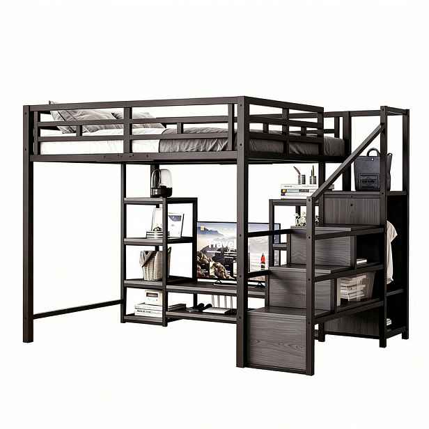 OKWISH PATROVÁ postel 140/200 cm černá z kovu a MDF s TV stolkem, zásuvkou a žebříkem