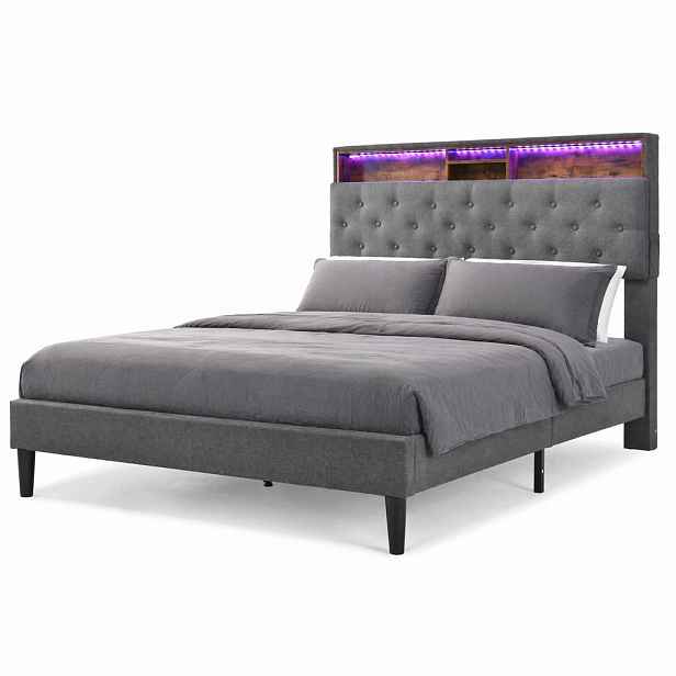 CHICFURN ČALOUNĚNÁ POSTEL 140/200 cm v šedé barvě s úložným čelem, LED osvětlením a matrací