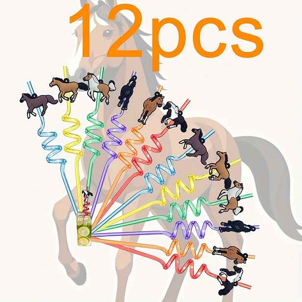 TEMU 12 ks Opakovaně Použitelných Brček s Koňským - Barevná Spirálová Brčka pro Setkání s Přáteli, Dekorace na Nápoje & Zábavné Party Potřeby, Koňské