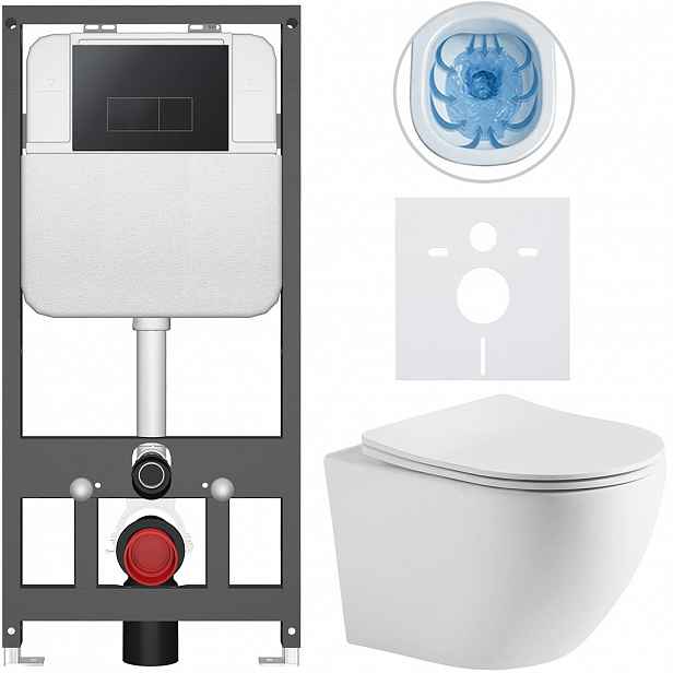 Kompletní WC set Basic/Cesso - bílá matná - WC tlačítko Modulo/Černá - závěsné - předstěnová instalace - 49x36 cm - 8050BD86278