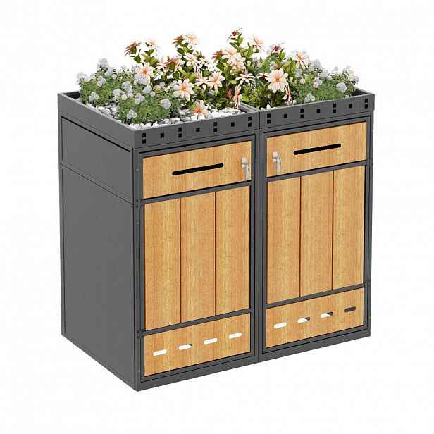 Modfu BOX na odpadkové koše z oceli 132x80x124 cm šedá v dekoru dřeva se 2 oddíly, uzamykáním a truhlíkem na rostliny
