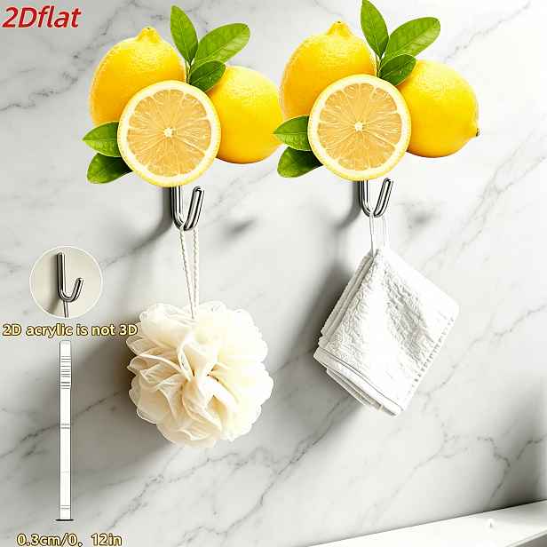 TEMU 2Dflat - 2ks Účelové háčky s kresleným vzorem citronu - Minimalistický styl - Bez vrtání, háčky na dveře a do koupelny bez poškození, snadná