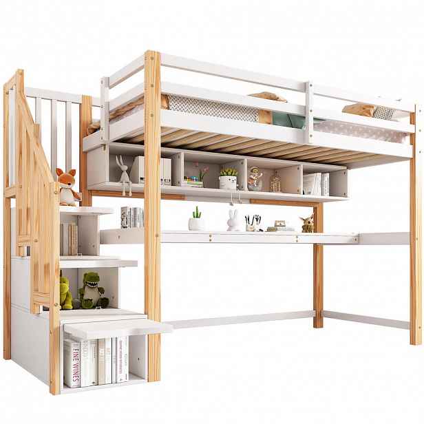 OKWISH PATROVÁ postel 90/200 cm bílá/dub z masivního dřeva a MDF s pracovní deskou a schody
