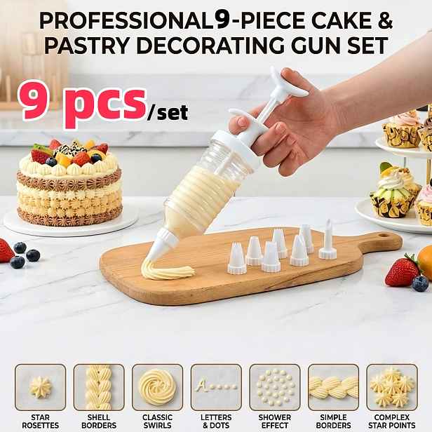 TEMU 9dílná sada nástrojů pro zdobení dortů, 1 extruder a 8 trysek - Odolná sada pro zdobení krémem, buttercreamem a gel/mydlovými zdobením -