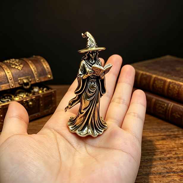 TEMU Sběratelské figurky, vintage mosazná čarodějnice čte knihy, kouzelník drží starobylou grimoire reliéfní , kompletní s kloboukem a splývavým