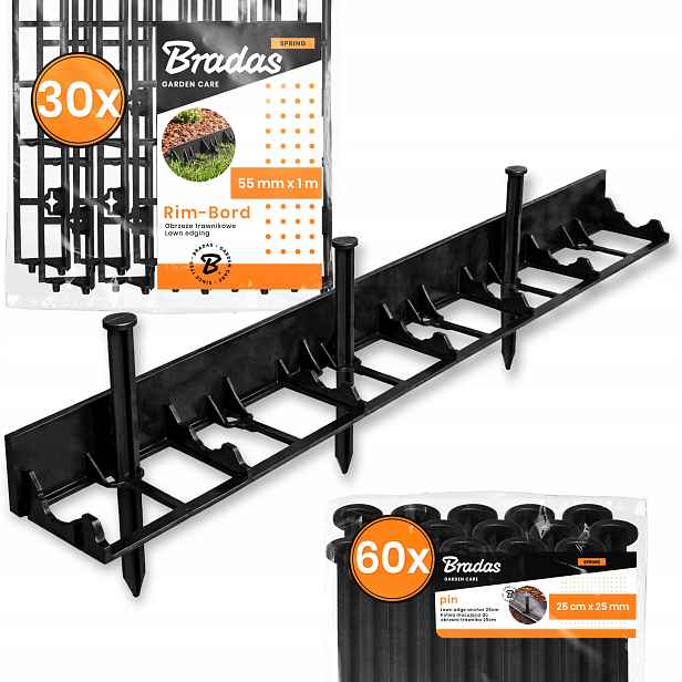 Trávníkový Lem 30 m 55 mm Zahradní Trávy 60 x Upevňovací Kotvy 25 cm Us-p