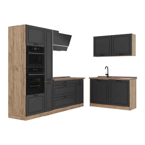 Vicco ROHOVÁ KUCHYŇ R-Line, Antracitový venkovský dům/Zlatý mocný dub, 230 x 120 cm pracovná doska Dub Goldkraft