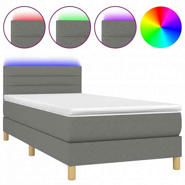 vidaXL Box spring postel s matrací a LED tmavě šedá 90x190 cm textil