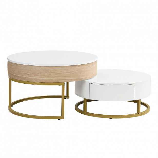 OKWISH KONFERENČNÍ stolek 70/70/56 cm bílý a zlatý z MDF s výklopnou deskou a zásuvkou