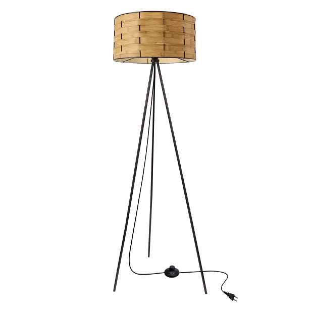 Stojací lampa FIANA černá 1x40W E27 přírodní stínidlo z černé borovice moderní stojací do obývacího pokoje, ložnice, kancelář, dekorativní osvětlení