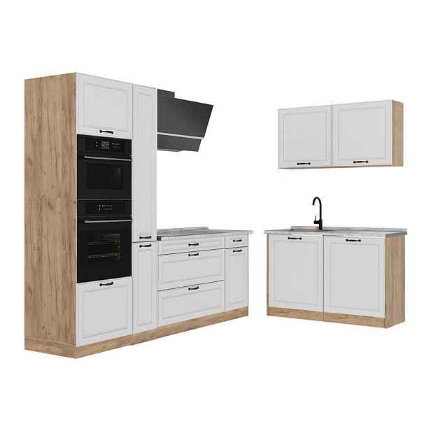 Vicco ROHOVÁ KUCHYŇ R-Line, Bílý venkovský dům/Zlatý mocný dub, 230 x 120 cm pracovná doska Mramor