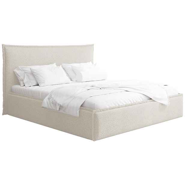 WFL GROUP ČALOUNĚNÁ POSTEL Pillow s úložným prostorem, kovovým lamelovým roštem a vysokým čelem postele - Krémové buklé 140x200 cm