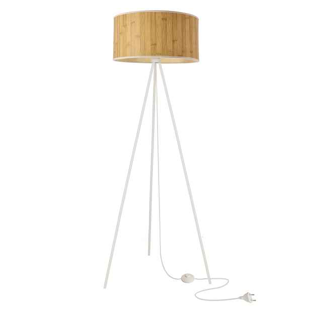 Stojací lampa RAFFI bílá E27 1x40W s borovicovým stínidlem, skandinávský styl, ekologická přírodní, do obývacího pokoje, ložnice, pracovny, stojací osvětlení
