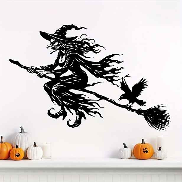 TEMU 1ks Kovová nástěnná čarodějnice na létajícím koštěti - Železná strašidelná gotická závěsná dekorace vhodná na Halloween, Wicca, celoroční