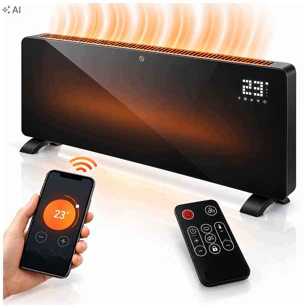 Elektrický konvektorový nástěnný ohřívač, skleněný, 2500 W, WiFi, s termostatem