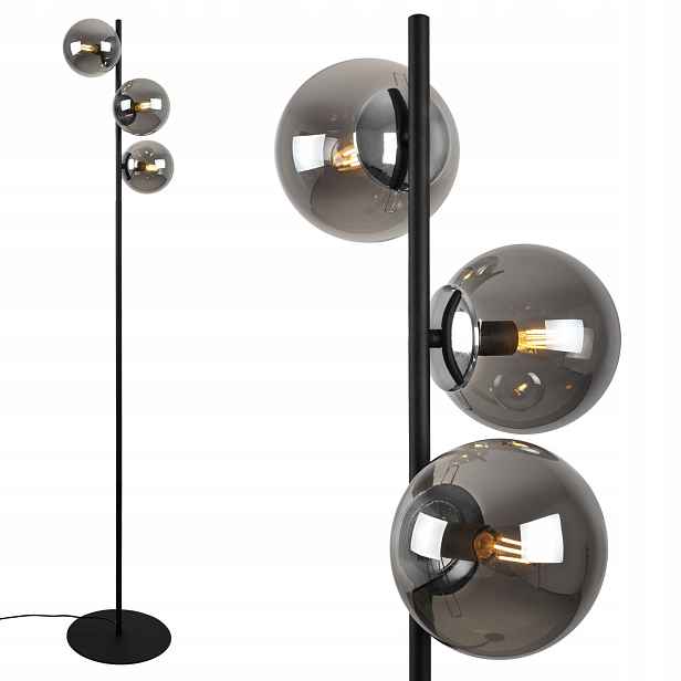 Stojací Lampa Skleněná Grafitová Koule Černá Chrom Glamour Loft