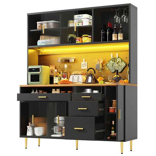Modenvie BUFFET skříň 145/39/171 cm z MDF a skla v černé barvě s LED osvětlením