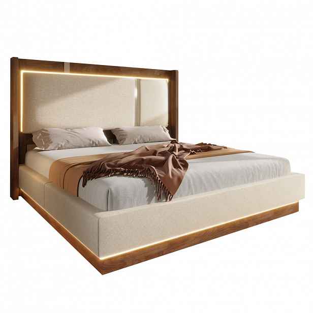 CHICFURN ČALOUNĚNÁ POSTEL 140/200 cm v béžové barvě s LED osvětlením a úložným prostorem