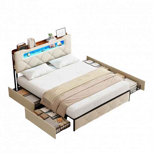 SHOPENTRA ČALOUNĚNÁ postel 140x190 cm béžová látka LED USB 4 zásuvky